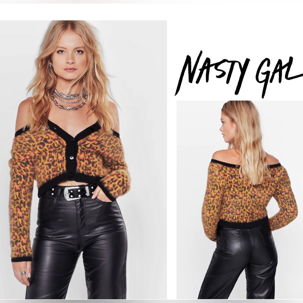 NWT Nasty Gal Sweater Off-The-Shoulder Leopard Crop Cardigan Button Front Small